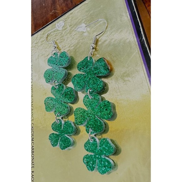Four Leaf Clover Earrings Green Dangle Hooks New Love St Patrick's Day P… - Picture 6 of 7